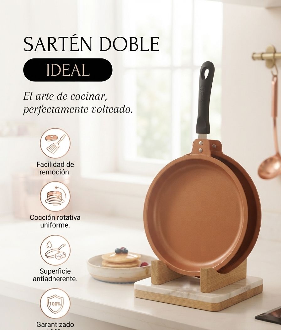 Sartén Doble: Cocción perfecta, volteo impecable